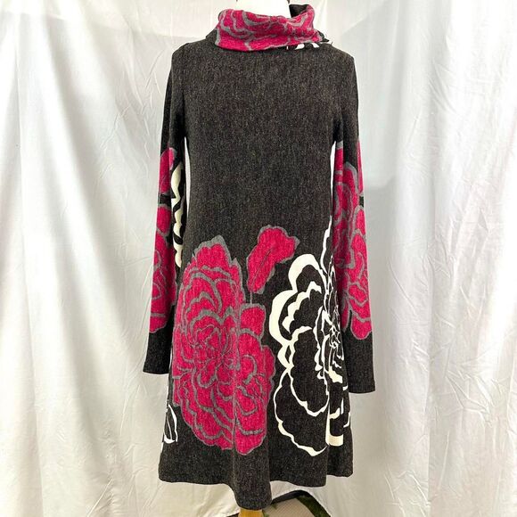 VTG 90s Shana K Brown Pink Floral Sweater Dress Turtleneck Sz M Artsy Boho Fairy - Picture 1 of 4